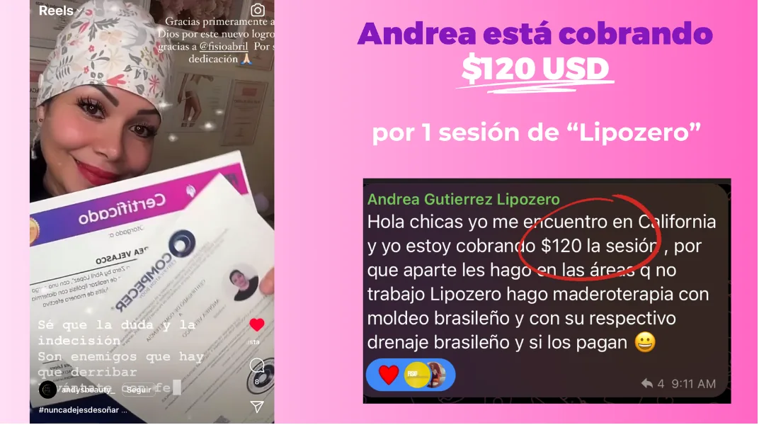 Andrea está cobrando 120 dólares por una sesión de Lipozero